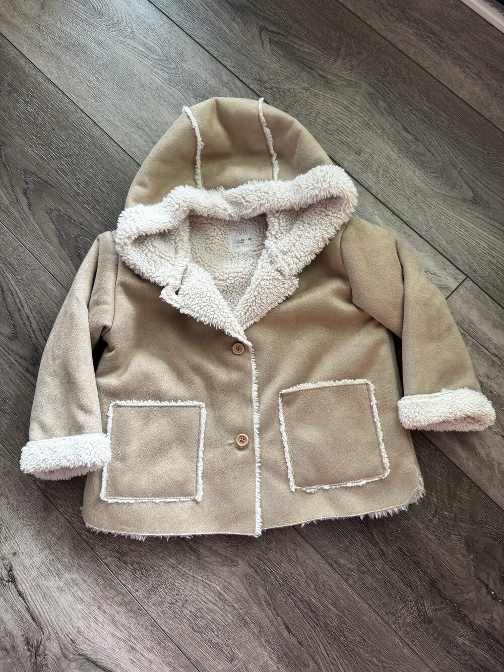 ZARA Baby Double-Faced Faux Shearling Hooded Coat Jacket 12-18M